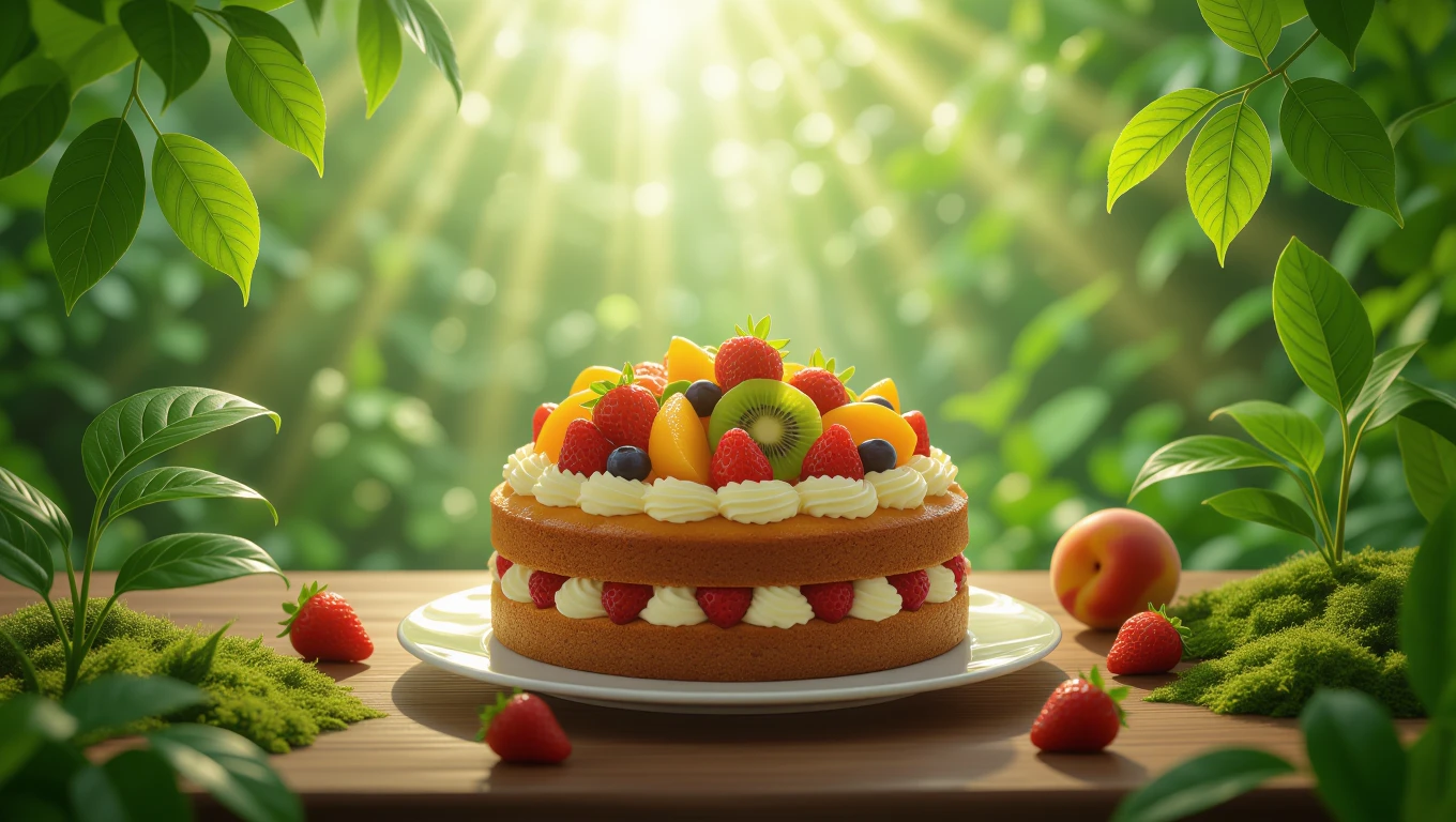 Eine bunte Obsttorte mit frischen Früchten, umgeben von grünen Blättern.