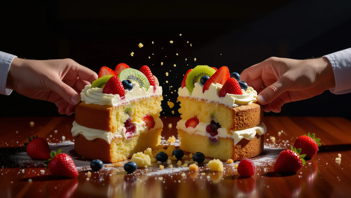 Eine fruchtige Torte wird auf einem Tisch geteilt, mit frischen Beeren und Sahne dekoriert.