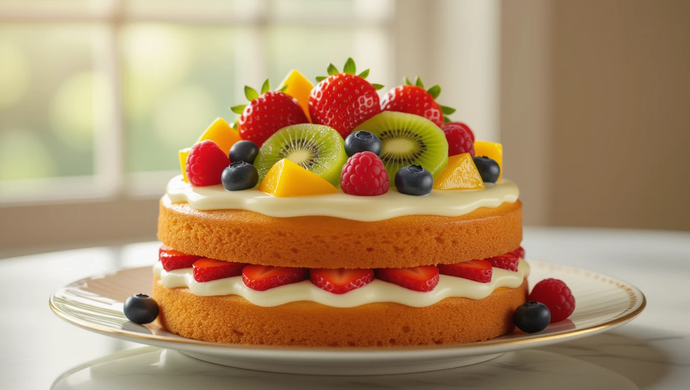 Eine bunte Obsttorte mit frischen Früchten wie Erdbeeren, Kiwi und Heidelbeeren.