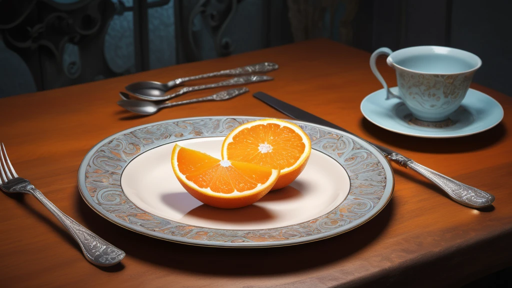 Ein Teller mit frischen, aufgeschnittenen Orangenhälften auf einem eleganten Tisch.