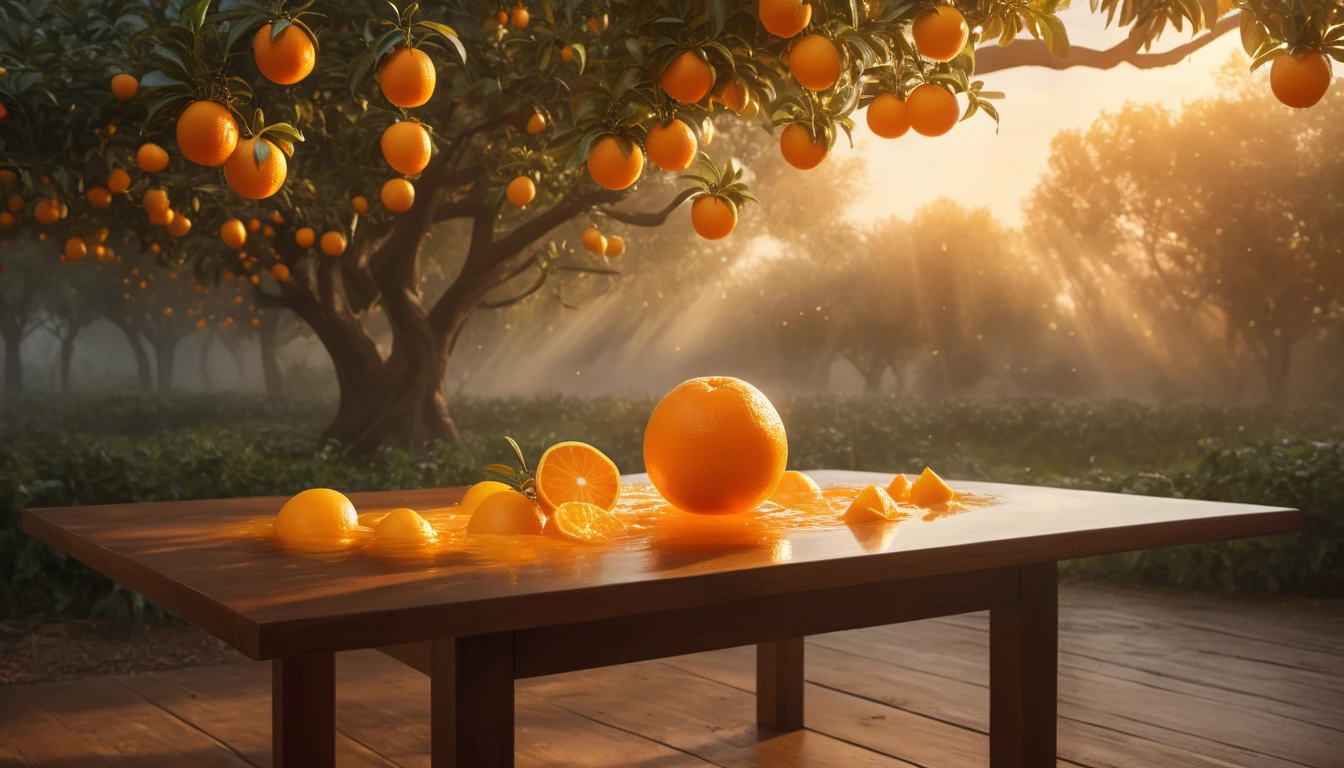 Ein Tisch mit frischen Orangen und Orangensaft in einem Obstgarten.