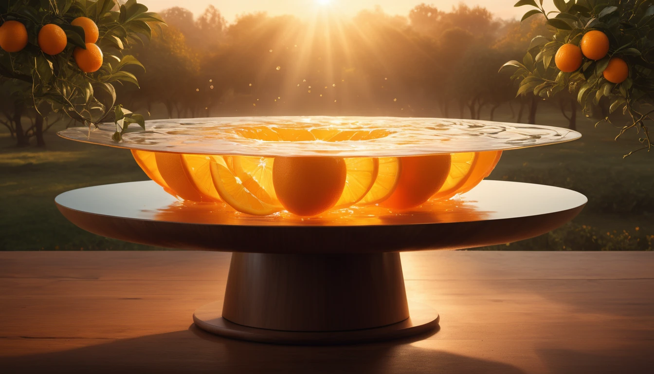 Ein stilvolles Arrangement von Orangen auf einem Tisch, beleuchtet von Sonnenstrahlen.