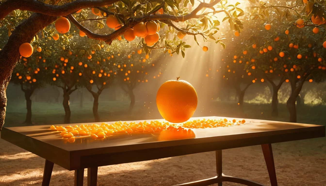 Ein leuchtender, orangefarbener Apfel auf einem Tisch, umgeben von Orangenbäumen.
