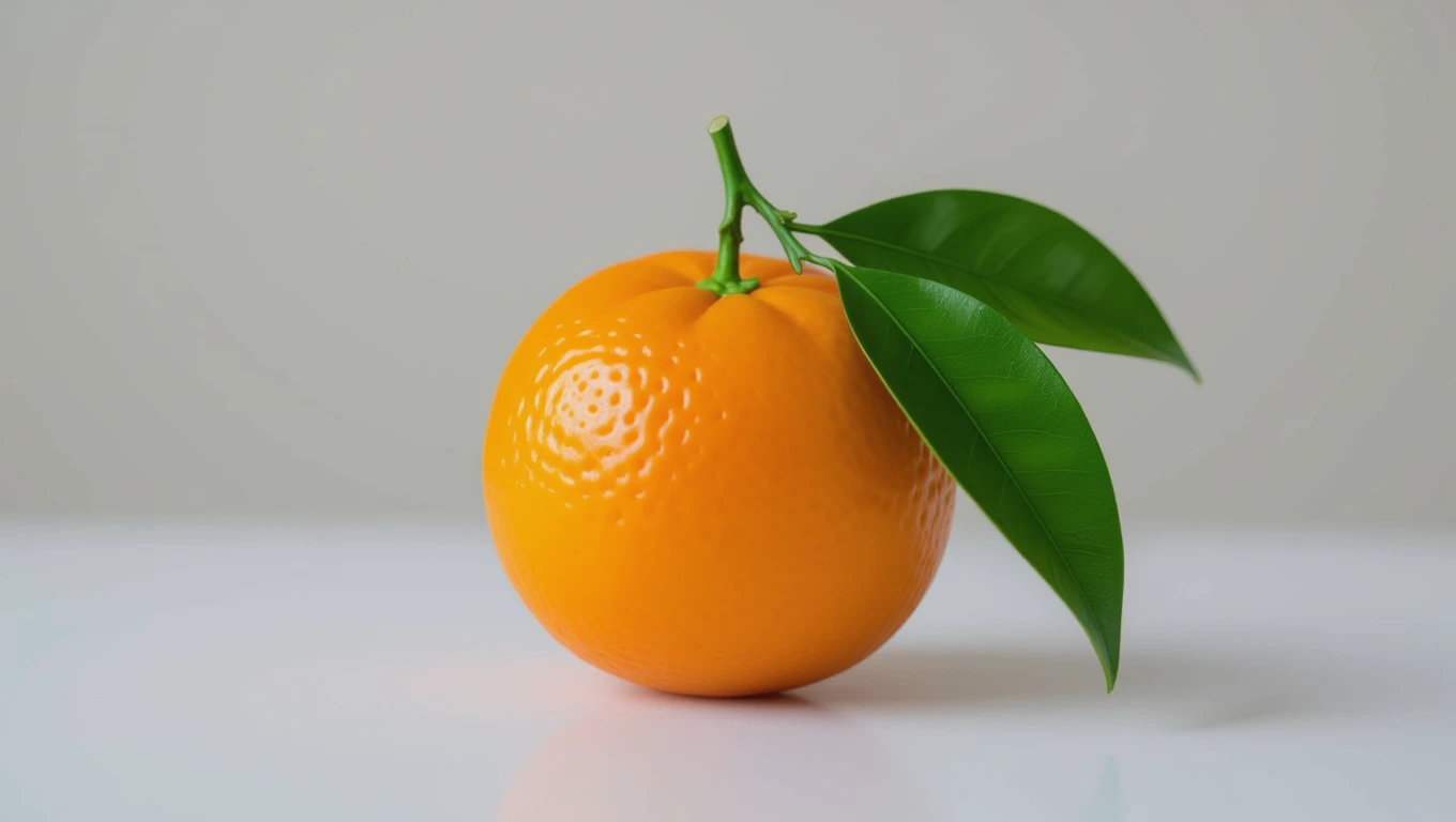 Eine frische Orange mit grünen Blättern auf einem hellen Hintergrund.