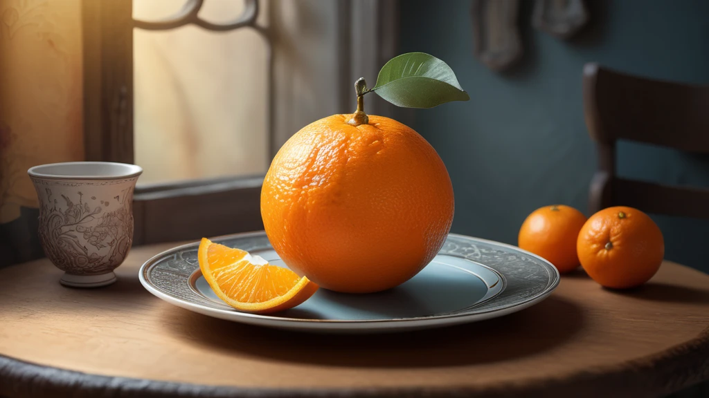 Eine frische Orange auf einem Teller, umgeben von weiteren Orangen und einer Tasse.