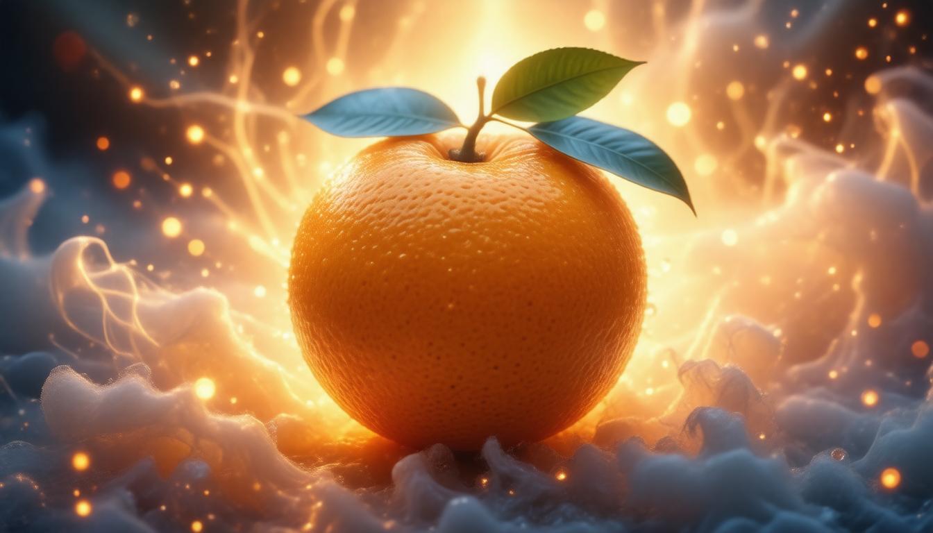 Eine leuchtende orangefarbene Orange mit grünen Blättern vor einem mystischen Hintergrund.