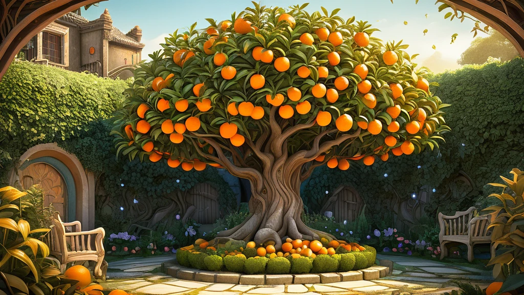 Ein prächtiger Orangenbaum mit reifen Früchten in einem Garten.