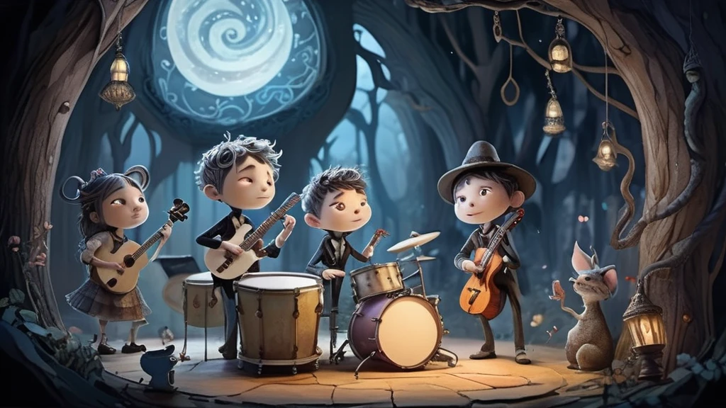 Eine Gruppe von Kindern spielt Musik in einem mystischen Wald unter einem Mond.