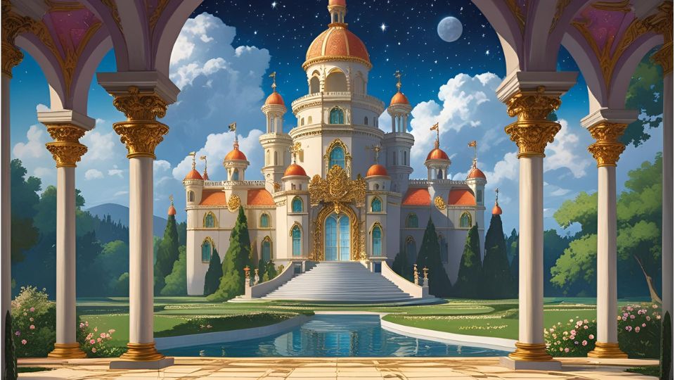 Ein prächtiger Palast mit goldenen Verzierungen und einem klaren Nachthimmel.