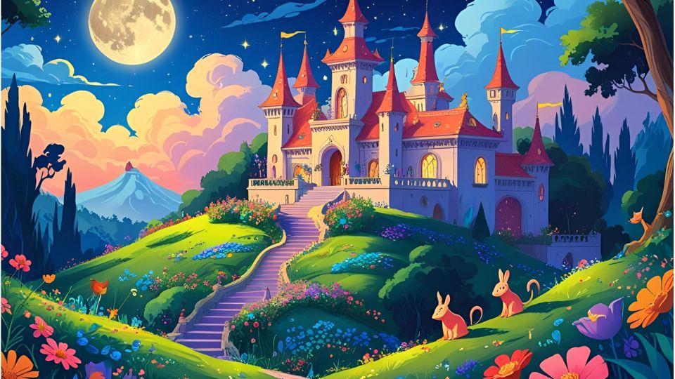 Ein märchenhaftes Schloss umgeben von bunten Blumen und einem klaren Nachthimmel.