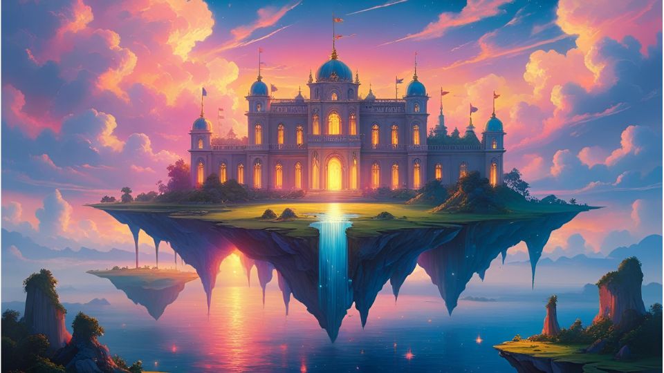 Ein schwebender Palast mit leuchtenden Fenstern und Wasserfall, umgeben von Wolken.