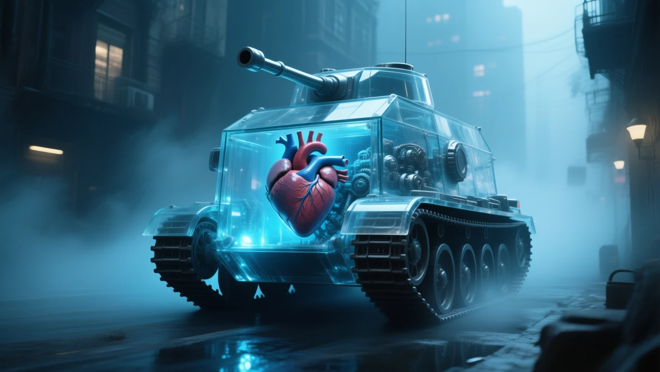 Ein Panzer mit einem leuchtenden menschlichen Herzen im Inneren, symbolisiert Schutz.