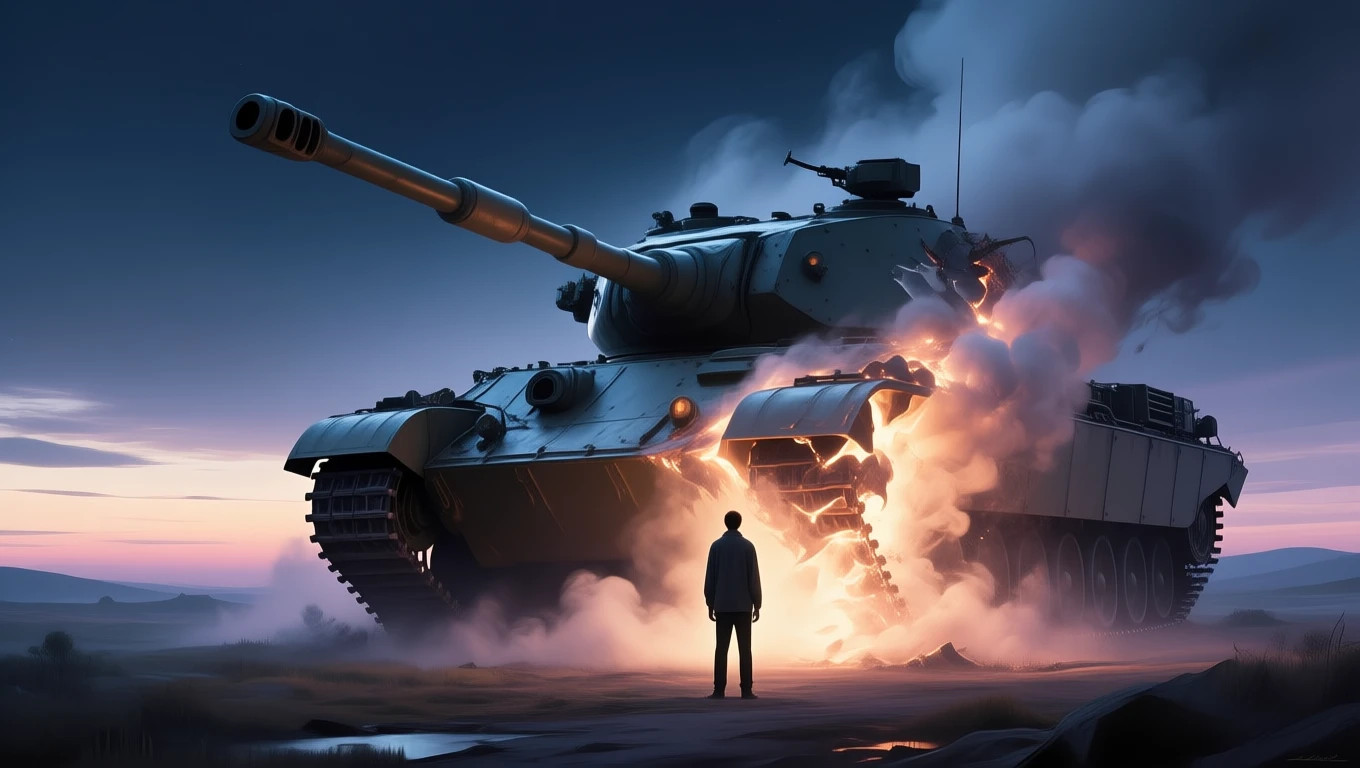 Ein Mann steht vor einem Panzer, der Rauch und Feuer ausstößt, symbolisiert Stärke.
