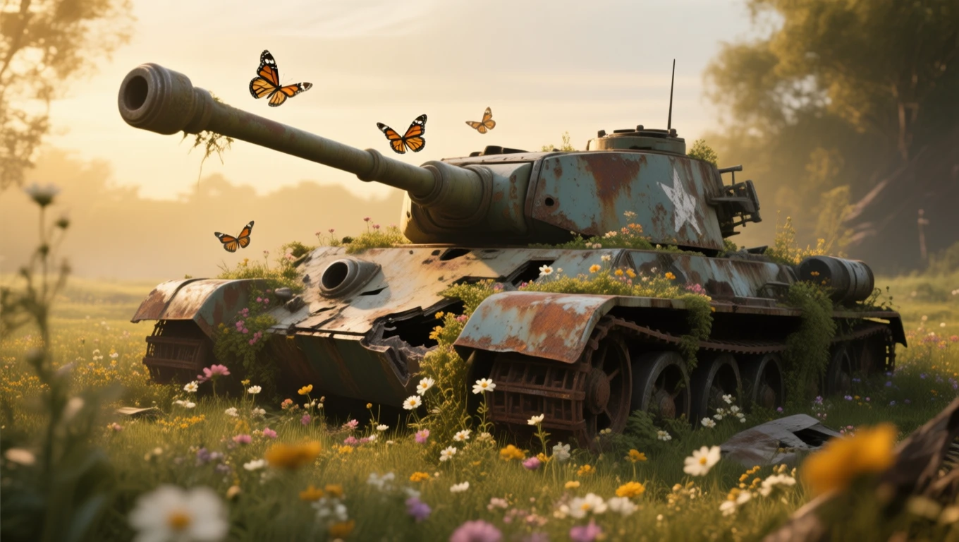 Ein verwitterter Panzer, umgeben von bunten Blumen und Schmetterlingen in einer friedlichen Landschaft.