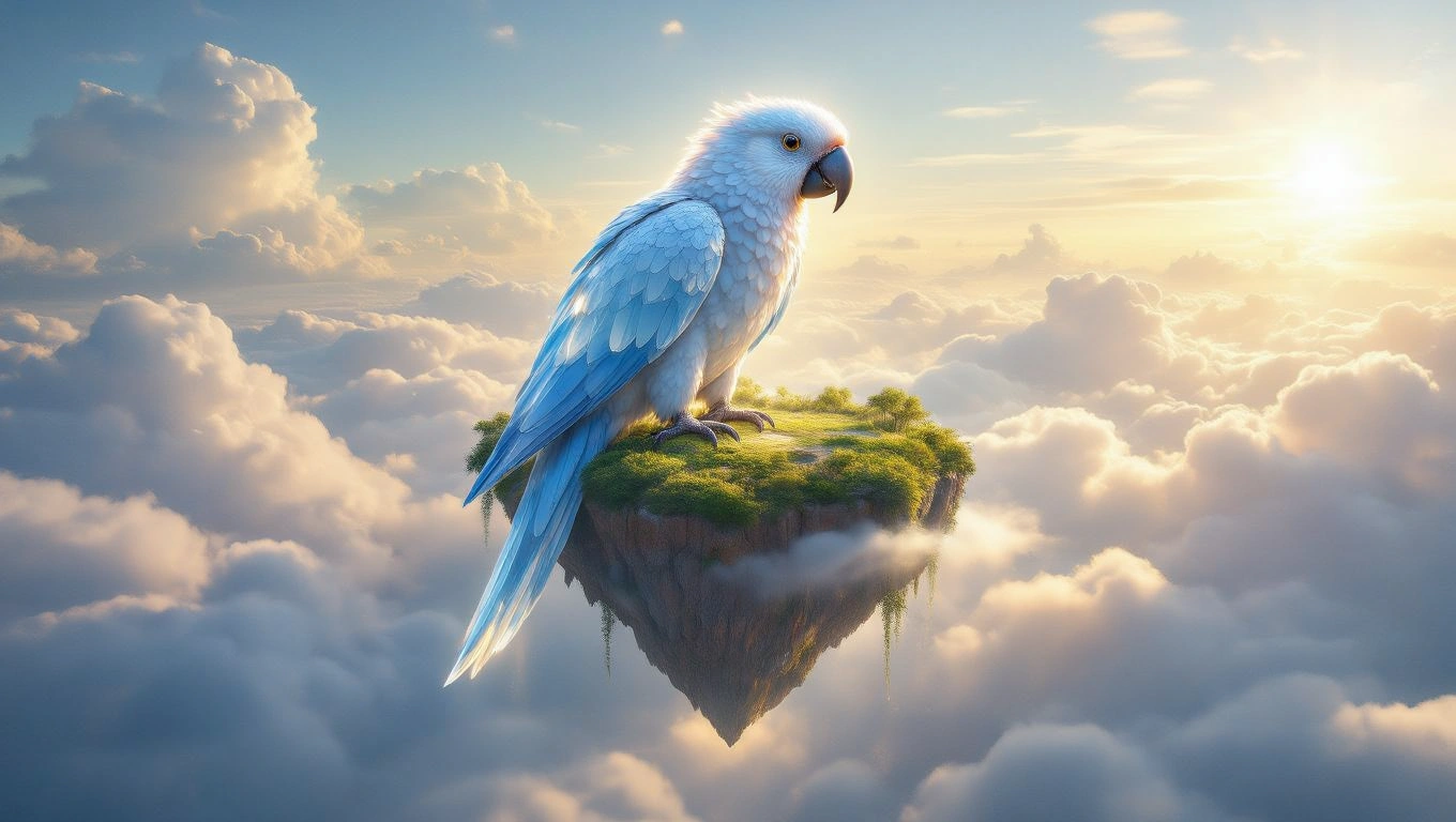 Ein blauer Papagei sitzt auf einer schwebenden Insel in den Wolken.