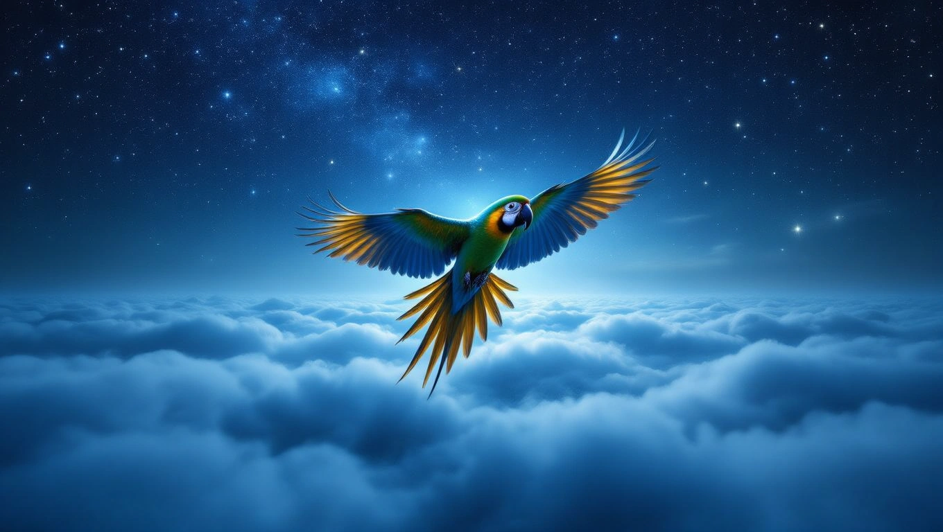 Ein bunter Papagei fliegt majestätisch durch einen sternenklaren Nachthimmel.