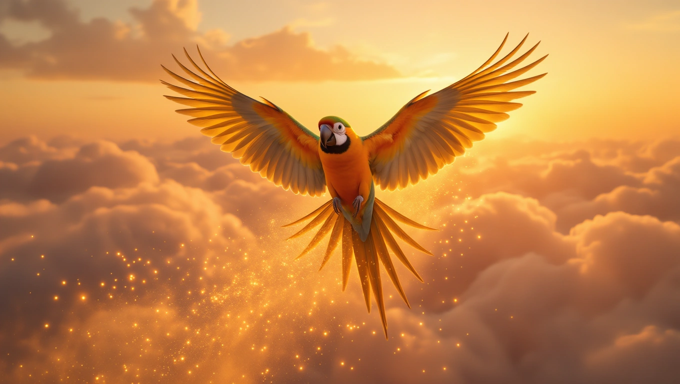 Ein bunter Papagei fliegt majestätisch durch die Wolken bei Sonnenuntergang.