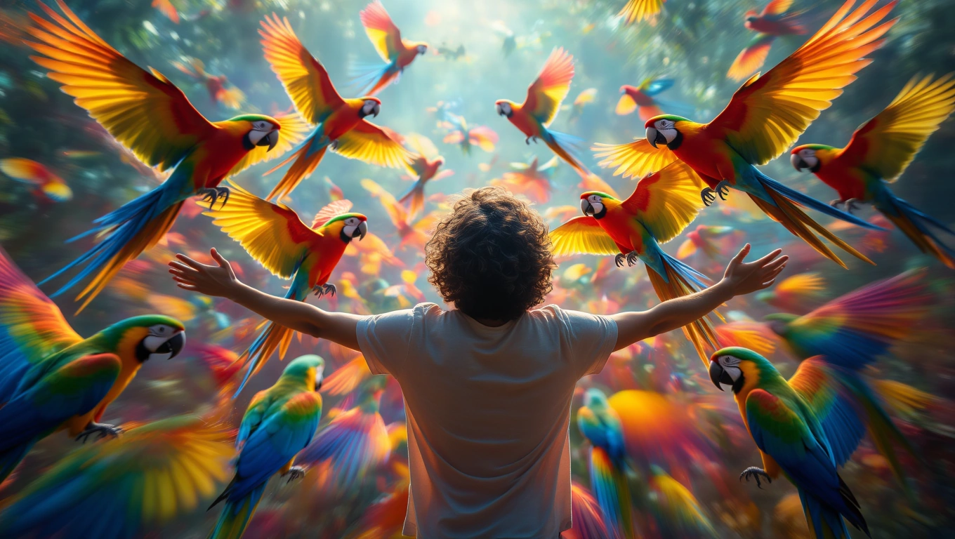 Ein Junge steht inmitten von bunten Papageien, die um ihn fliegen.