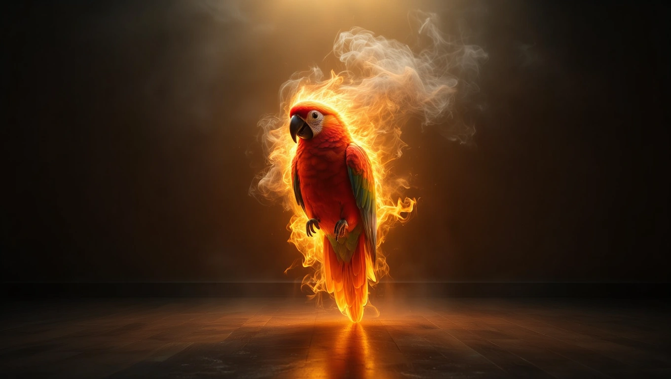 Ein leuchtend roter Papagei schwebt in einem mystischen, rauchigen Licht.