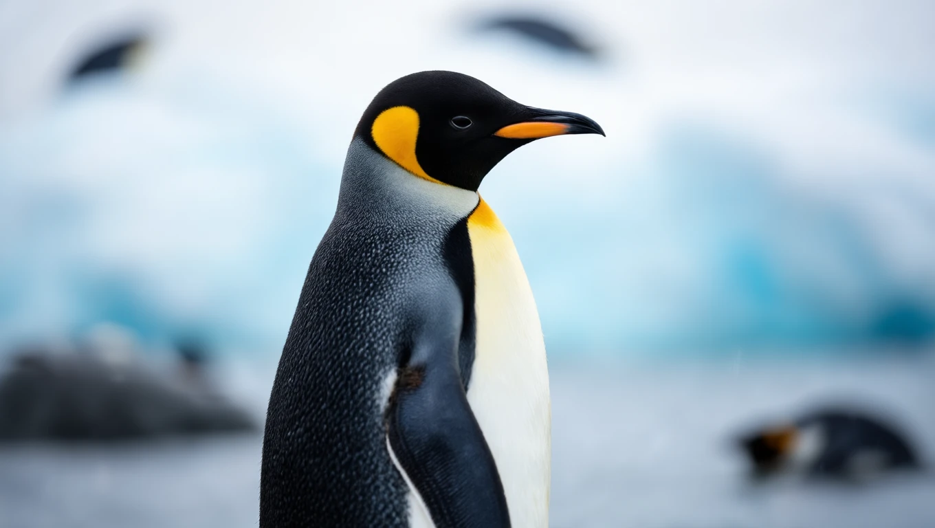 Ein Pinguin steht majestätisch vor einer eisigen Landschaft, symbolisiert Anpassungsfähigkeit.