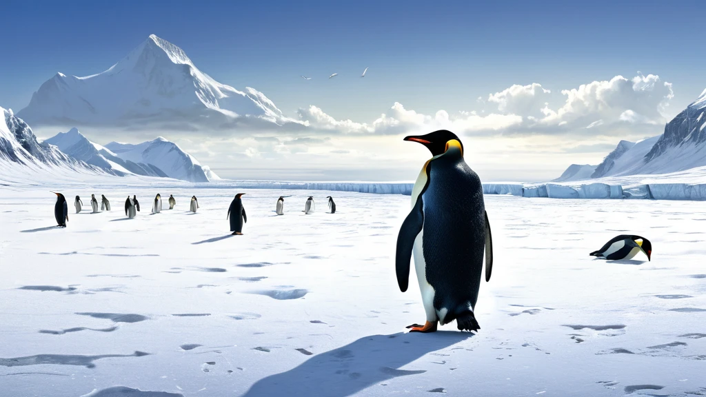 Eine Gruppe von Pinguinen auf einer schneebedeckten Eislandschaft.