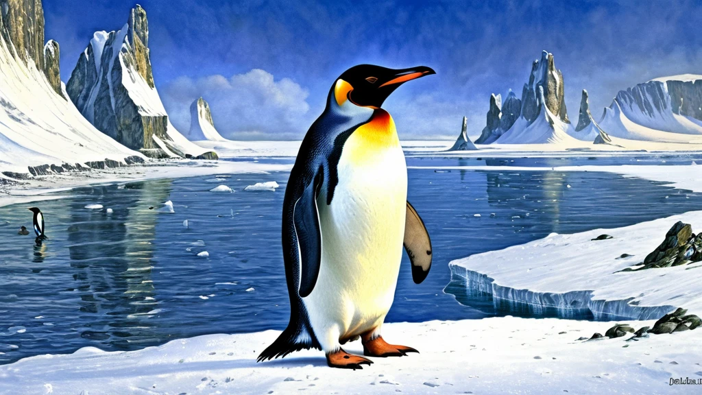 Ein Pinguin steht majestätisch auf einer Eisfläche vor einem klaren Wasser.