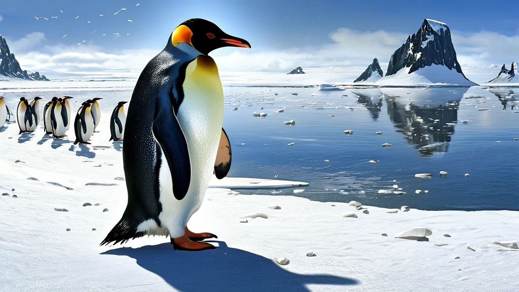 Ein Pinguin steht majestätisch am Ufer eines eisigen Gewässers mit anderen Pinguinen im Hintergrund.