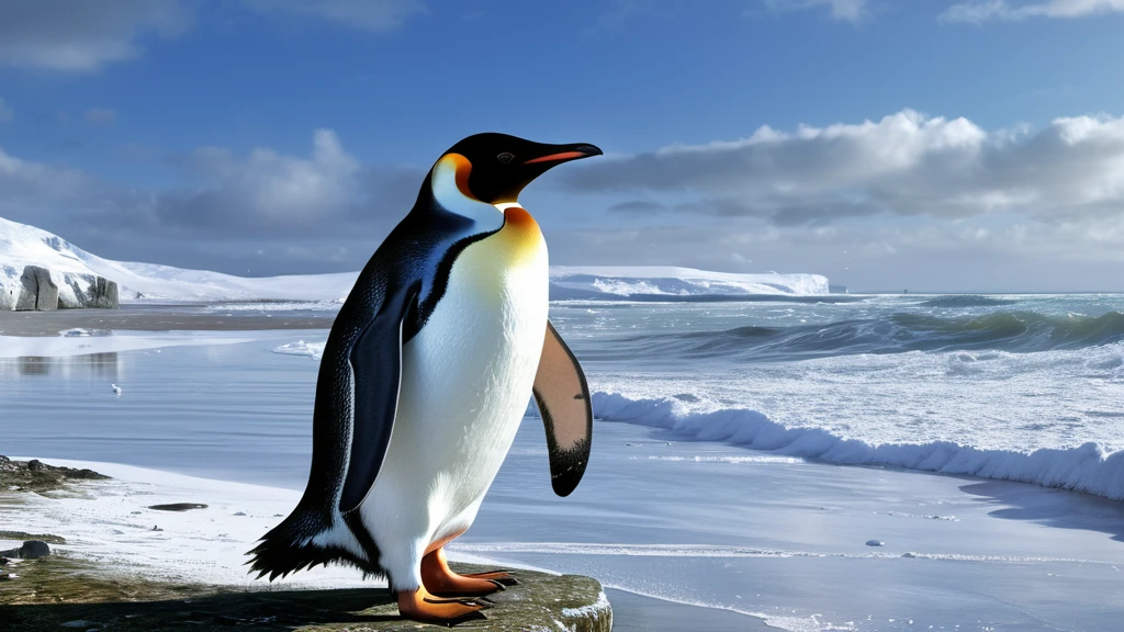 Ein Pinguin steht am Ufer eines schneebedeckten Strandes mit Wellen im Hintergrund.