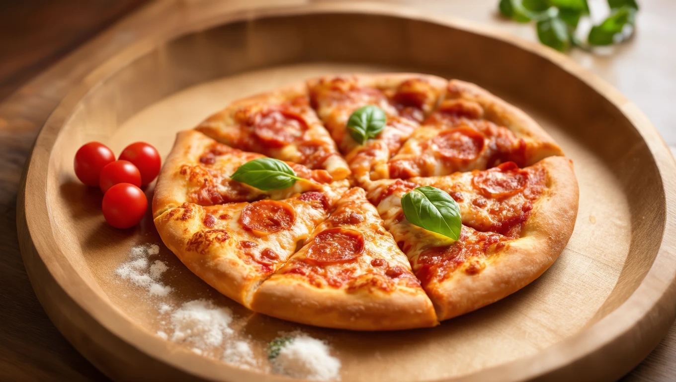 Eine frisch gebackene Pizza mit Peperoni und Basilikum auf einem Holzbrett.