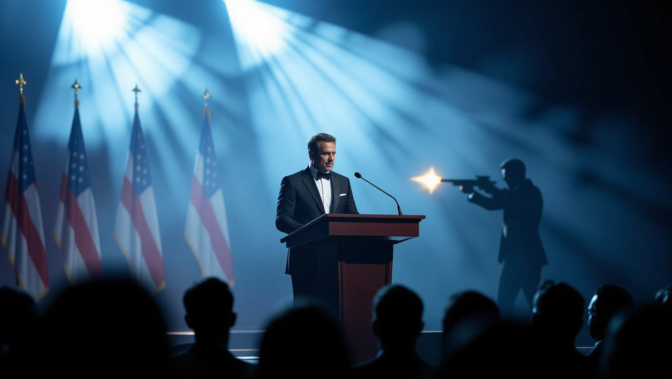 Ein Politiker spricht am Rednerpult, während im Hintergrund eine Bedrohung sichtbar ist.