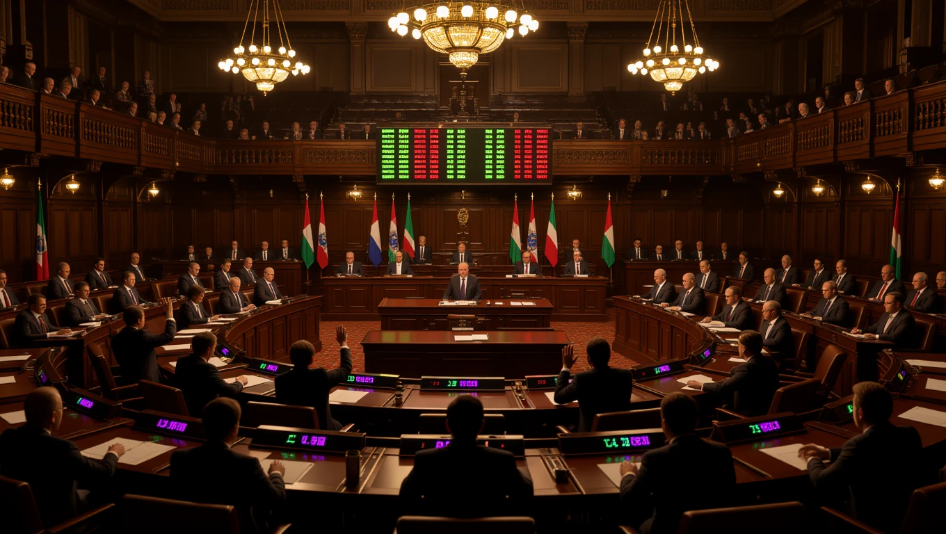 Eine Sitzung im Parlament mit Abgeordneten und Flaggen im Hintergrund.