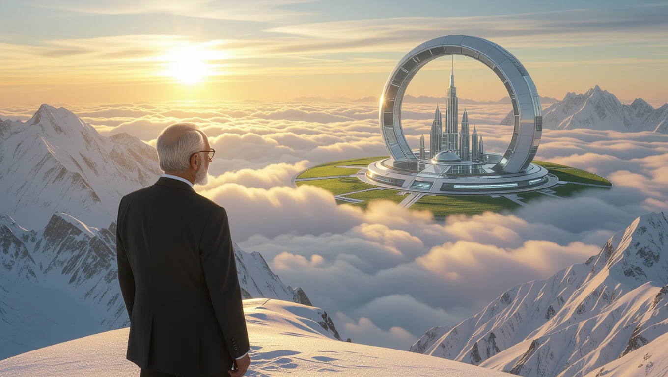 Ein älterer Politiker steht auf einem Berg und blickt auf eine futuristische Stadt in den Wolken.