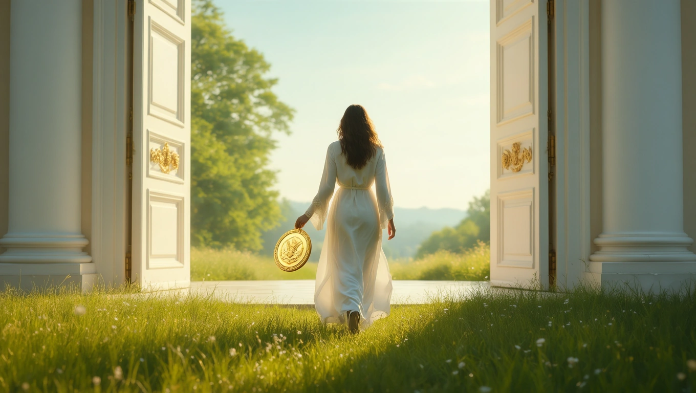 Eine Frau in einem weißen Kleid geht durch eine offene Tür ins Freie.