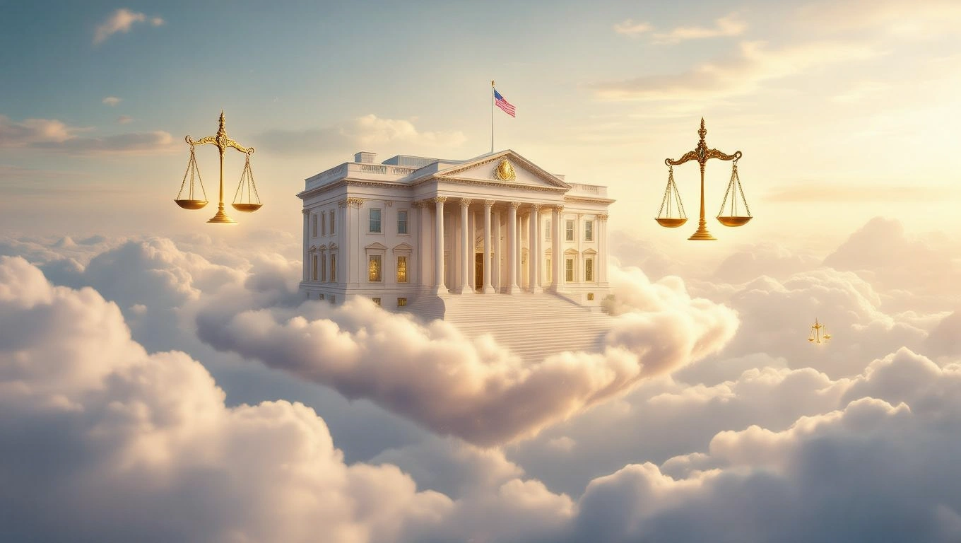 Ein majestätisches Gebäude schwebt über Wolken, flankiert von goldenen Waagen.