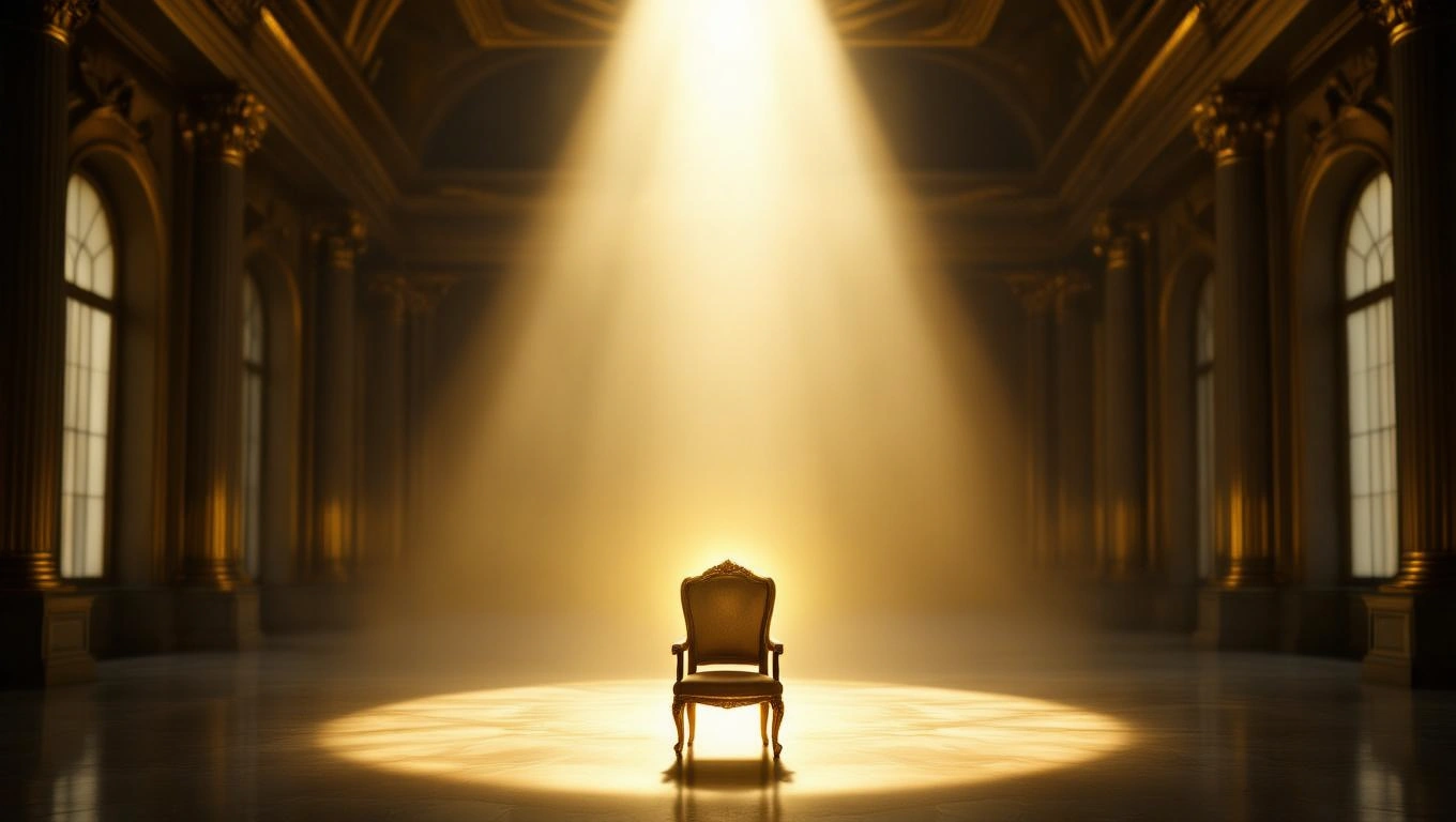 Ein leerer, prunkvoller Stuhl steht im Lichtstrahl eines großen Raumes.