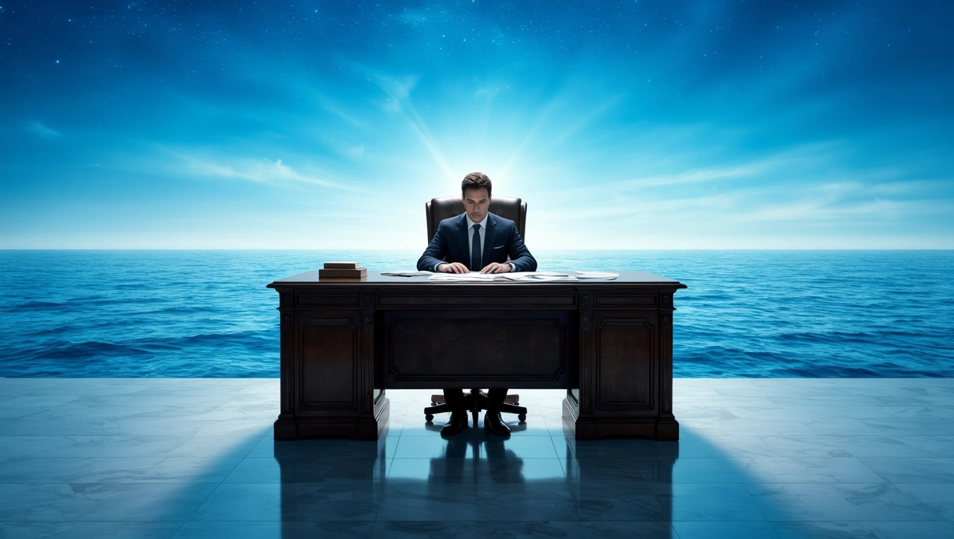 Ein Mann in einem Anzug sitzt an einem Schreibtisch vor dem Meer.