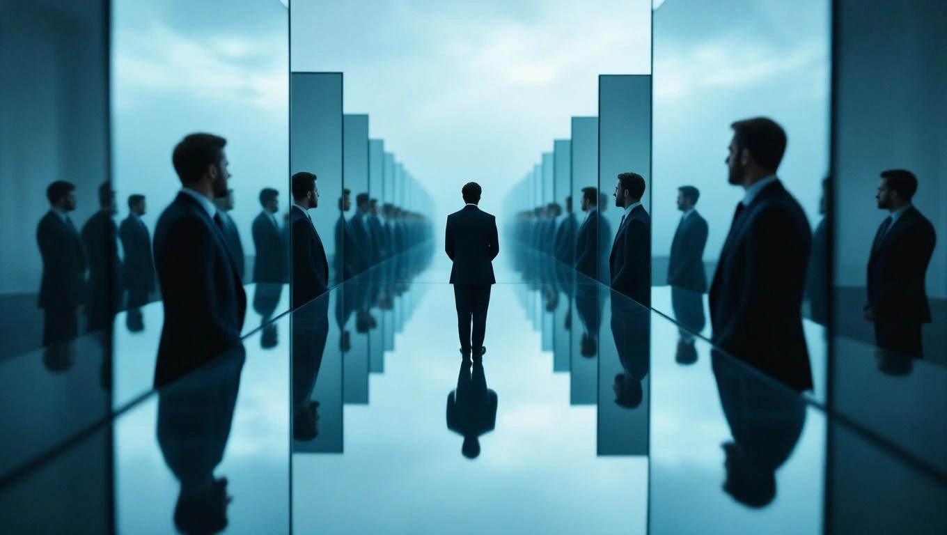 Ein Mann in Anzug steht in einem Raum mit Spiegeln, die seine Reflexionen zeigen.