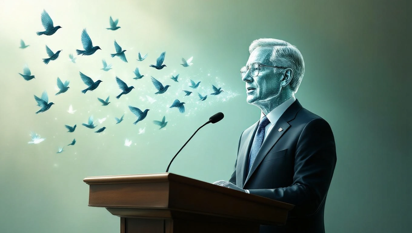 Ein Mann in Anzug spricht an einem Rednerpult, während Vögel um ihn fliegen.