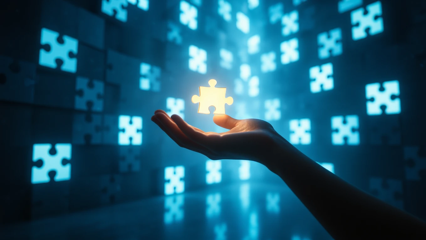 Eine Hand hält ein leuchtendes Puzzlestück vor einer Wand aus Puzzlestücken.