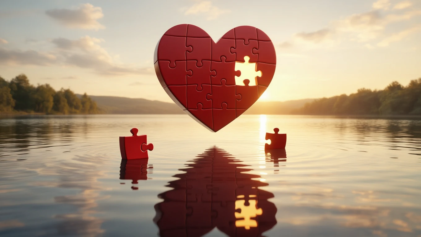 Ein rotes Puzzleherz schwebt über einem ruhigen Gewässer bei Sonnenuntergang.