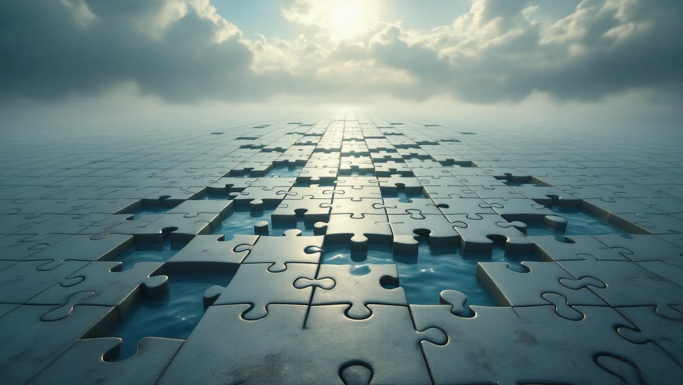 Eine surrealistische Puzzle-Landschaft mit fehlenden Teilen und Wasserflächen.