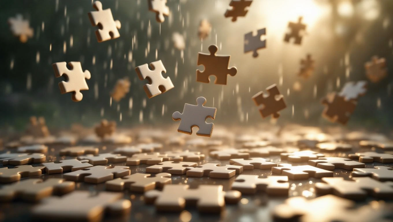 Ein Puzzle mit vielen Teilen, die in der Luft schweben, symbolisiert die Entschlüsselung von Träumen.