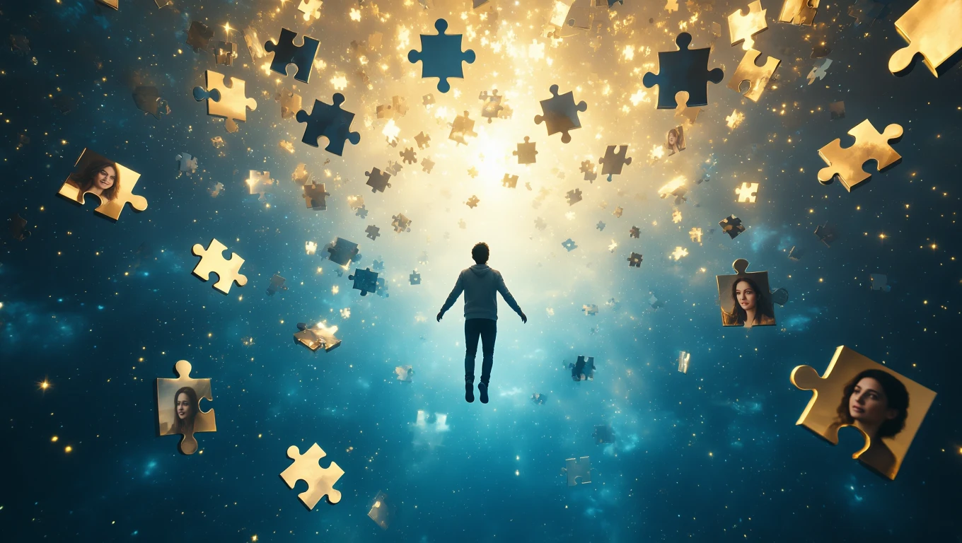 Ein Mensch schwebt in einem Traumraum umgeben von leuchtenden Puzzlestücken.