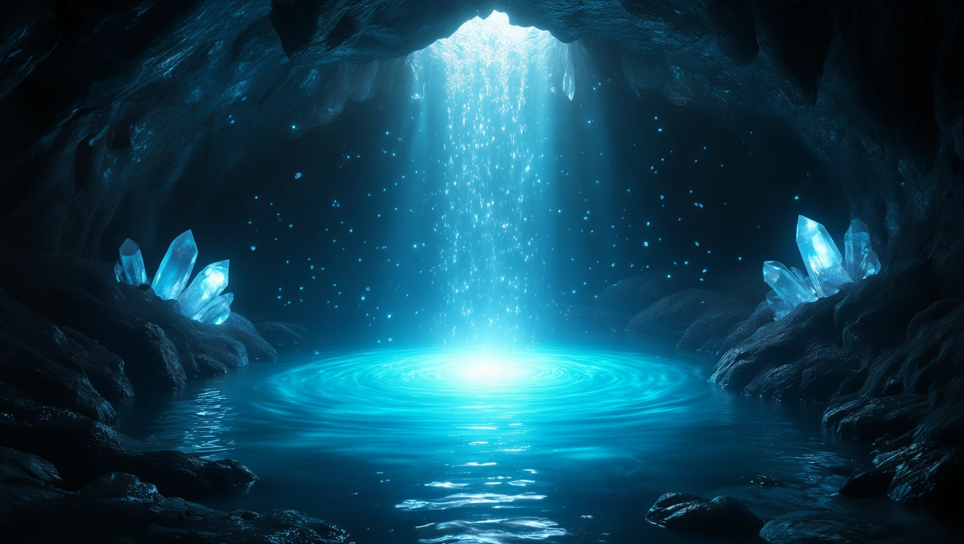 Ein mystischer Wasserfall in einer Höhle, umgeben von leuchtenden Kristallen.