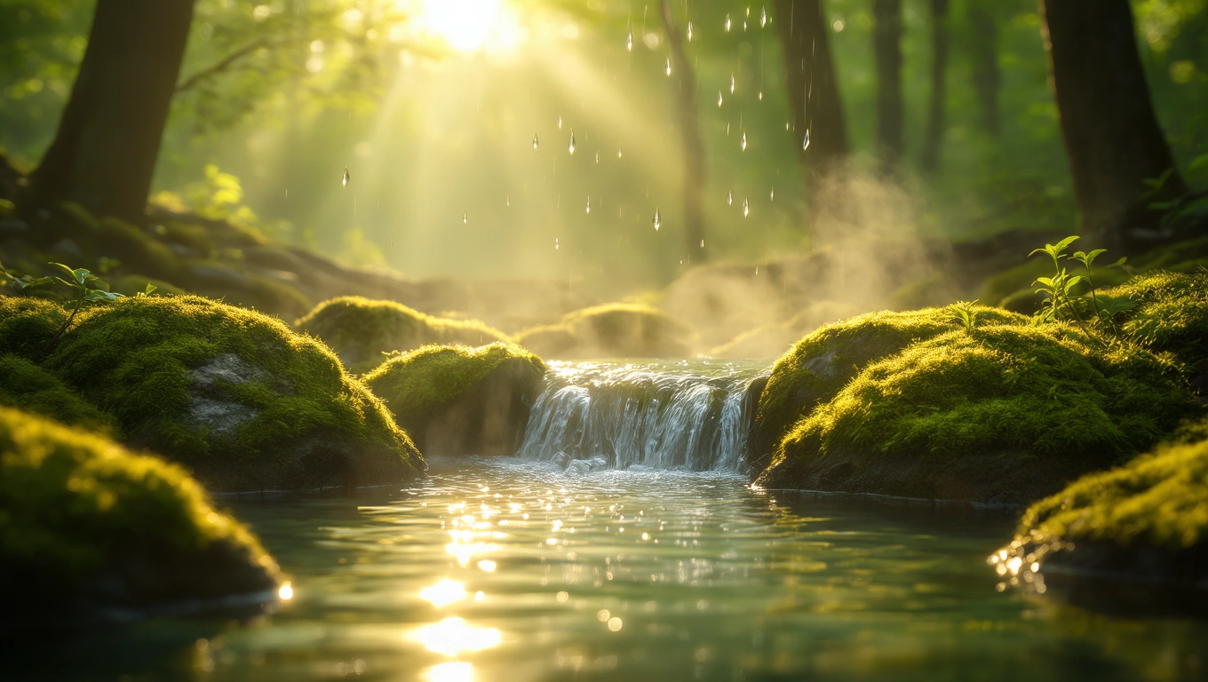 Ein sanfter Wasserfall fließt über moosbedeckte Steine in einem nebligen Wald.