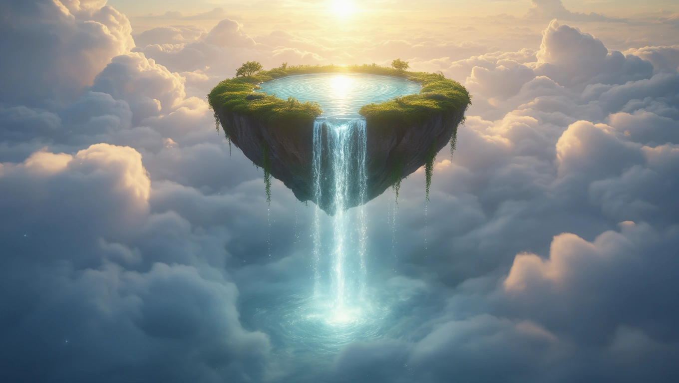 Eine schwebende Insel mit Wasserfall und ruhigem Wasser in den Wolken.