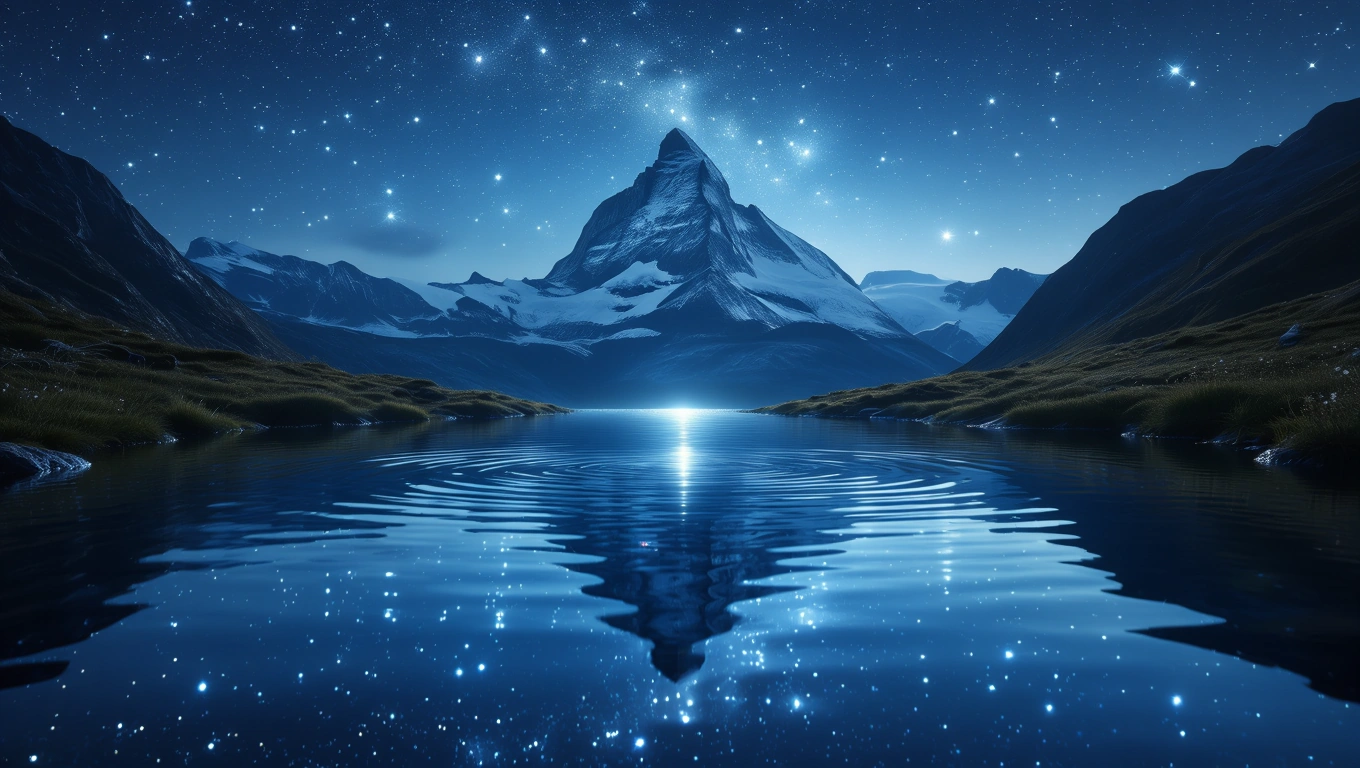 Ein ruhiger Bergsee unter einem sternenklaren Nachthimmel mit einem majestätischen Gipfel im Hintergrund.