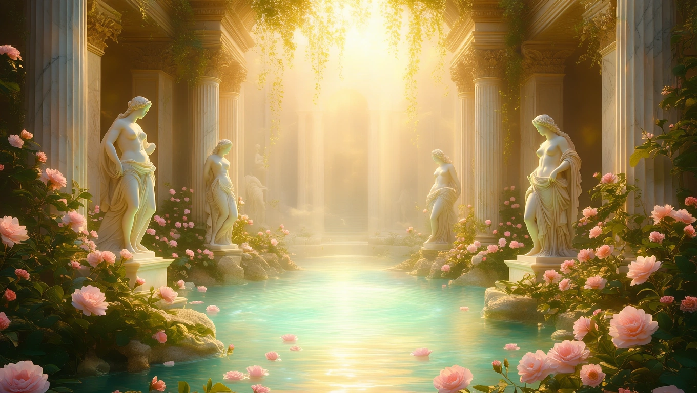 Ein traumhaftes Szenario mit Statuen und blühenden Rosen in einem mystischen Wasserbecken.