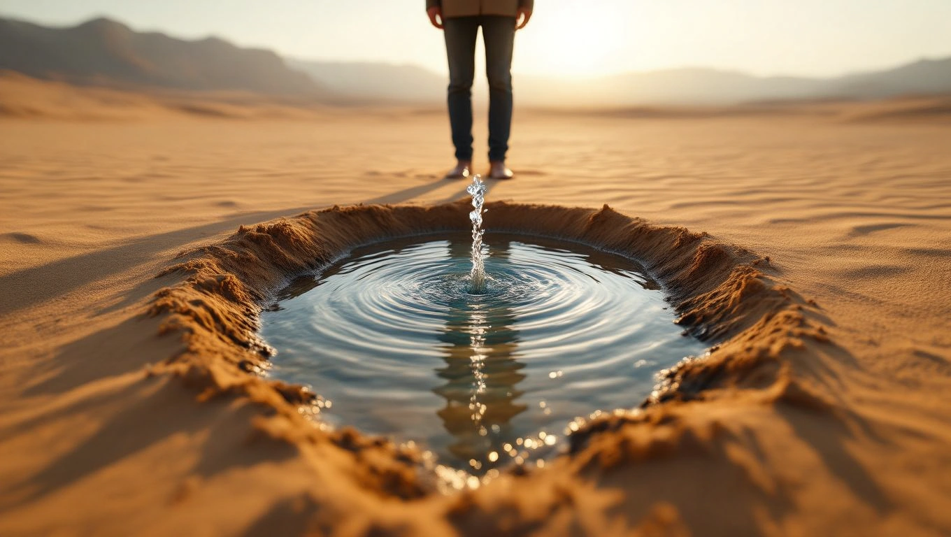 Eine Person steht in der Wüste vor einem kleinen Wasserbecken, das sanft plätschert.