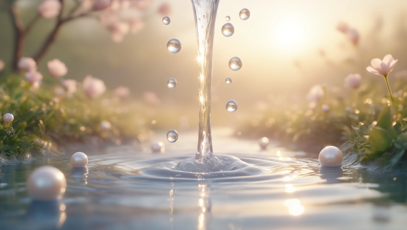Ein sanfter Wasserfall mit schimmernden Tropfen und Perlen im Wasser.